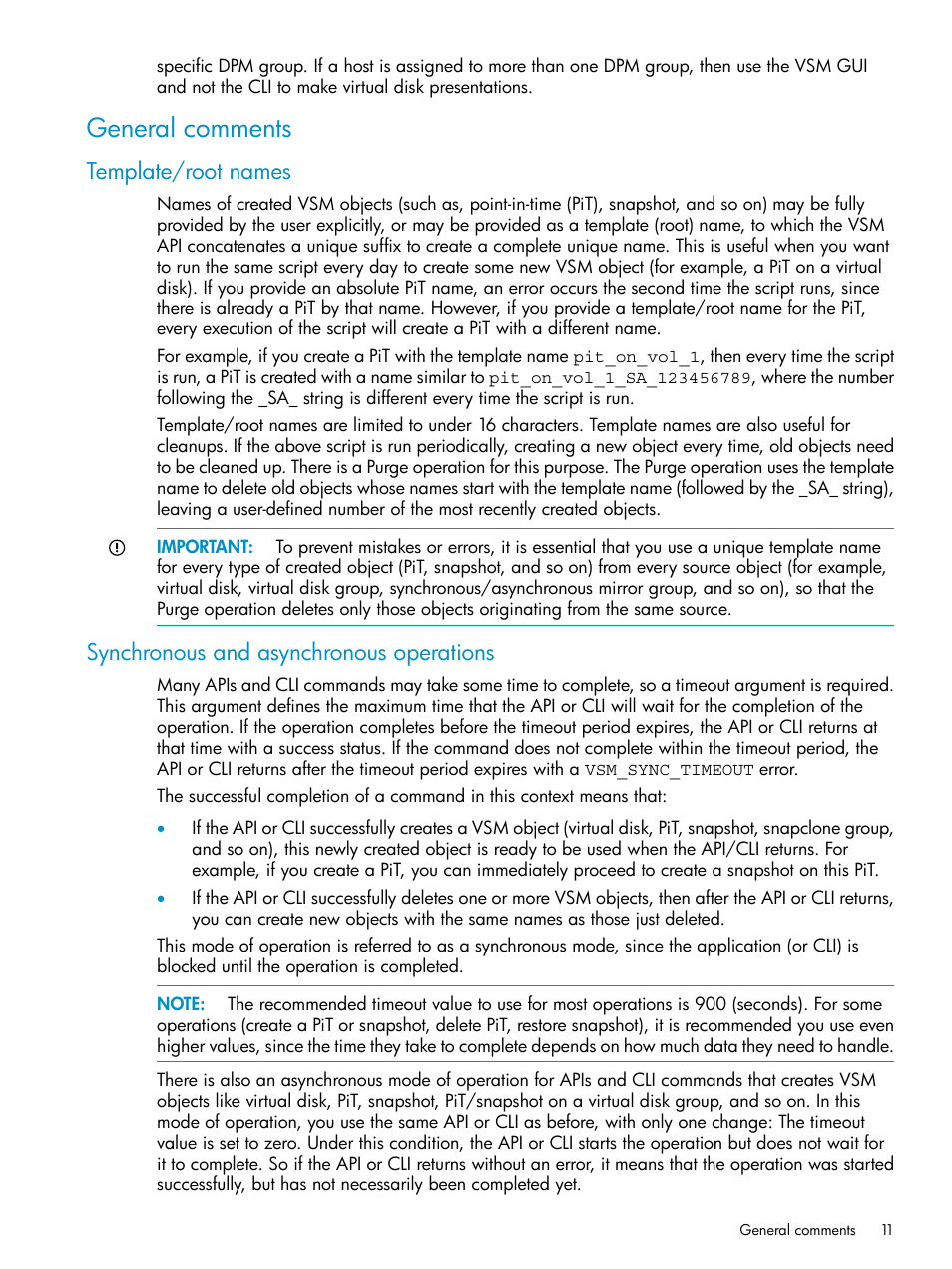 General comments, Template/root names, Synchronous and asynchronous operations | HP SAN Virtualization Services Platform User Manual | Page 11 / 79