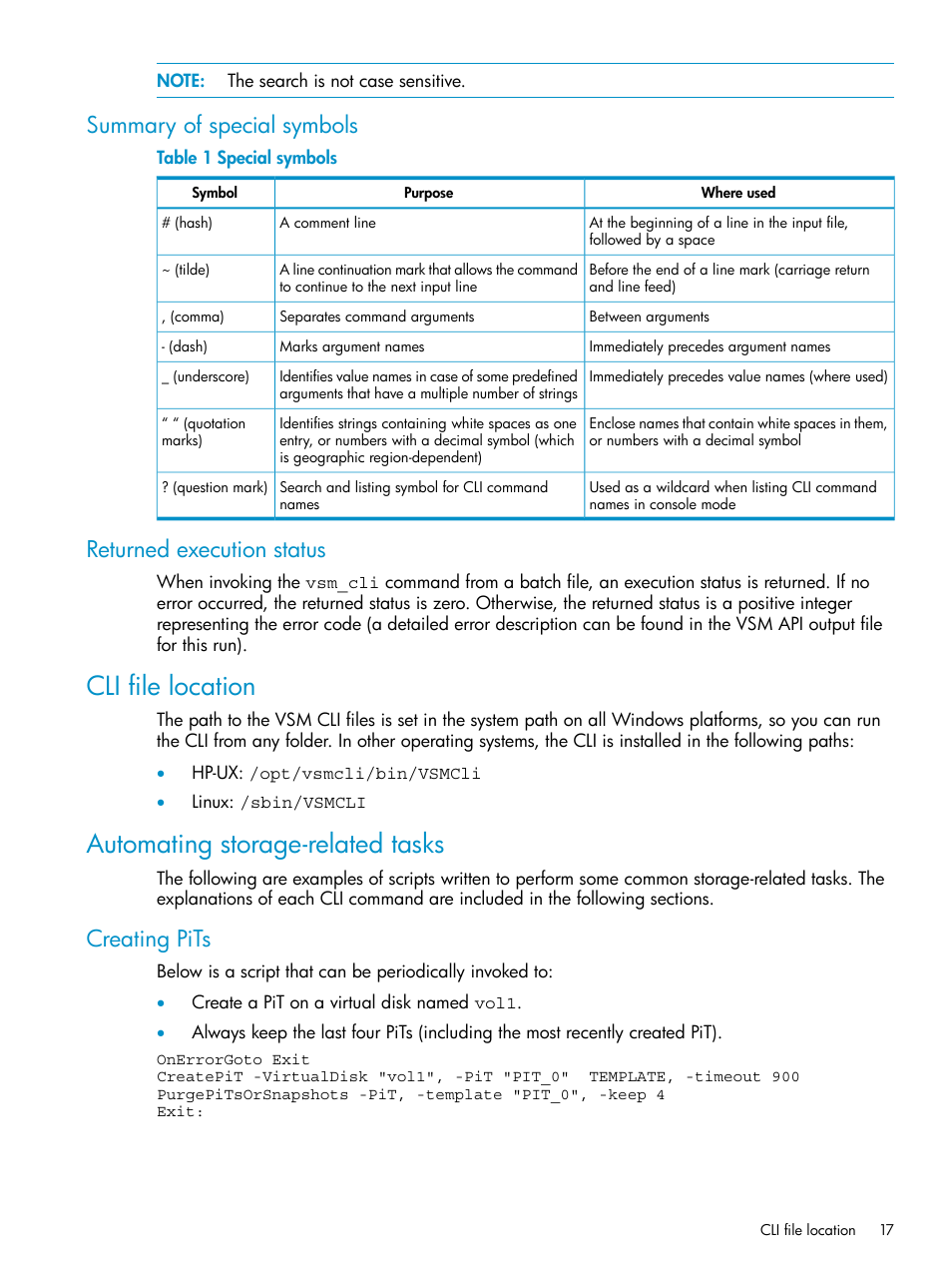 Summary of special symbols, Returned execution status, Cli file location | Automating storage-related tasks, Creating pits, Cli file location automating storage-related tasks | HP SAN Virtualization Services Platform User Manual | Page 17 / 79