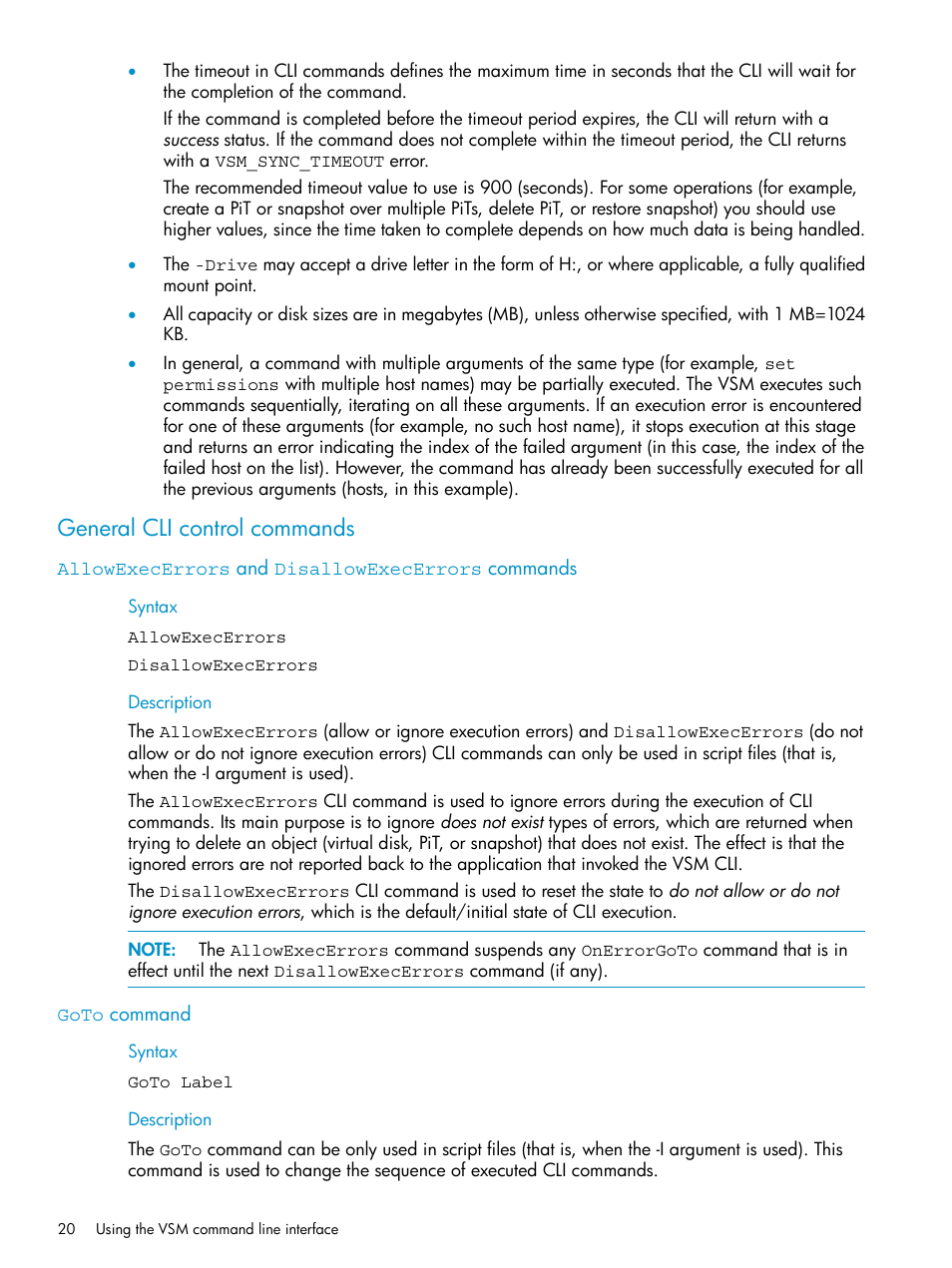 General cli control commands, Allowexecerrors and disallowexecerrors commands, Goto command | HP SAN Virtualization Services Platform User Manual | Page 20 / 79