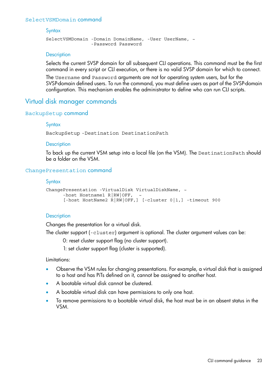 Selectvsmdomain command, Virtual disk manager commands, Backupsetup command | Changepresentation command, Backupsetup command changepresentation command | HP SAN Virtualization Services Platform User Manual | Page 23 / 79