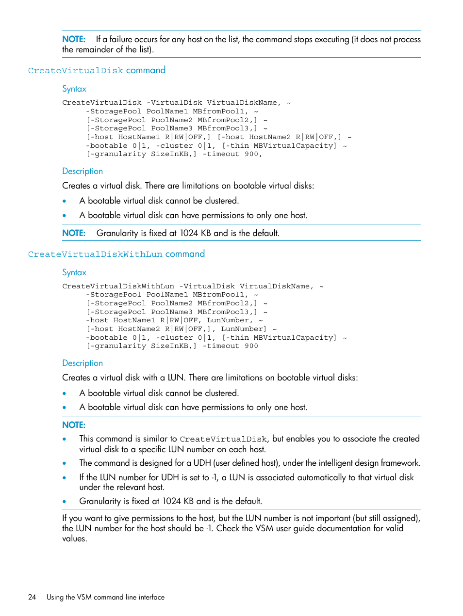 Createvirtualdisk command, Createvirtualdiskwithlun command | HP SAN Virtualization Services Platform User Manual | Page 24 / 79