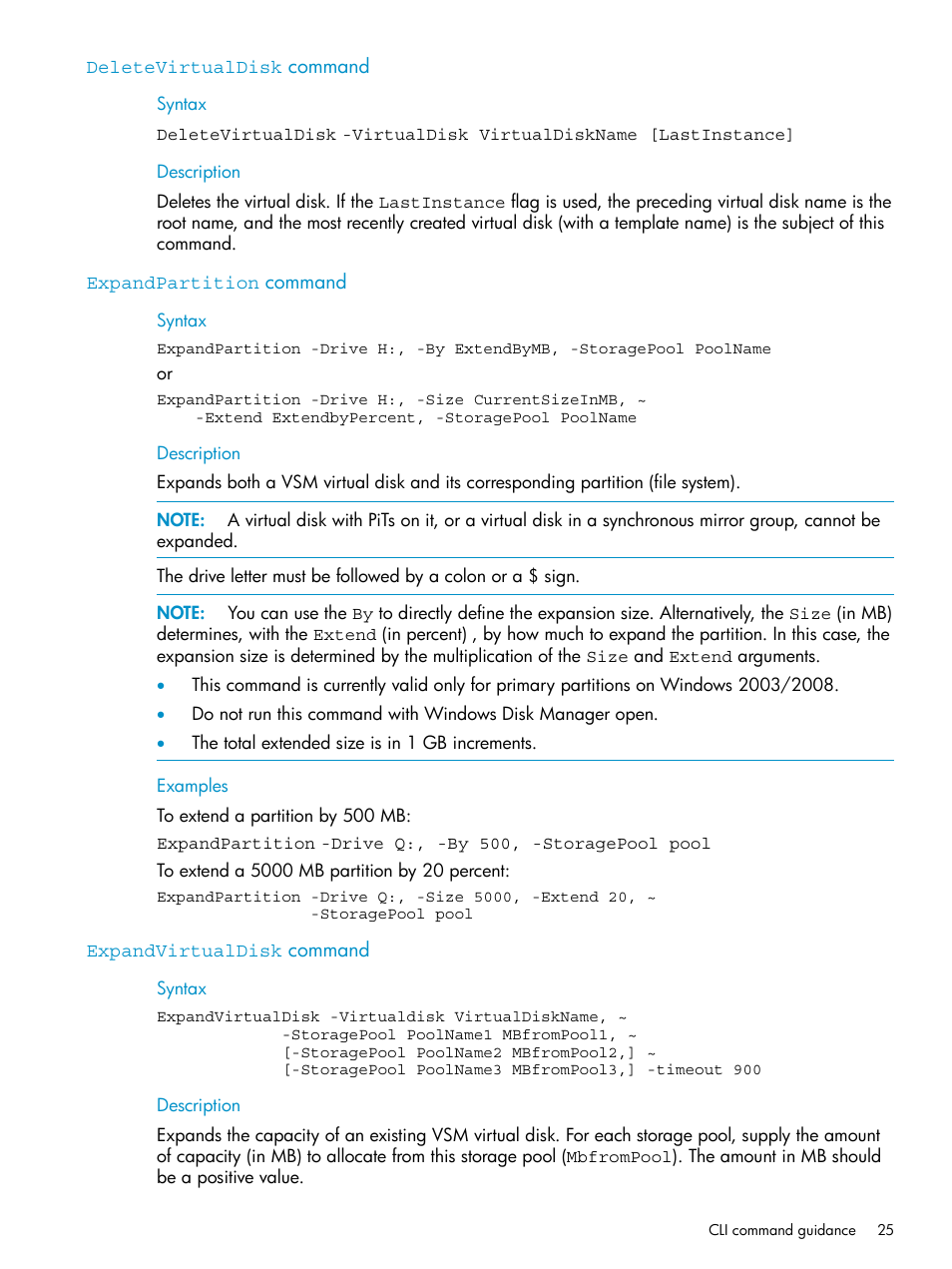 Deletevirtualdisk command, Expandpartition command, Expandvirtualdisk command | HP SAN Virtualization Services Platform User Manual | Page 25 / 79