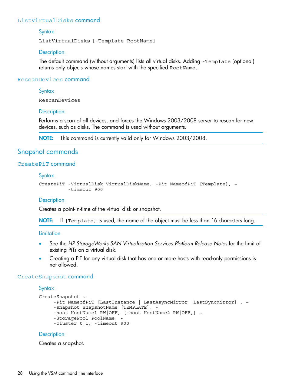 Listvirtualdisks command, Rescandevices command, Snapshot commands | Createpit command, Createsnapshot command, Listvirtualdisks command rescandevices command, Createpit command createsnapshot command | HP SAN Virtualization Services Platform User Manual | Page 28 / 79