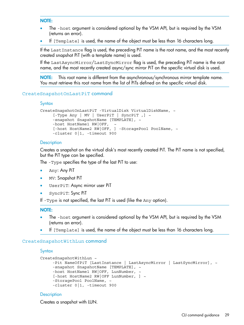 Createsnapshotonlastpit command, Createsnapshotwithlun command | HP SAN Virtualization Services Platform User Manual | Page 29 / 79