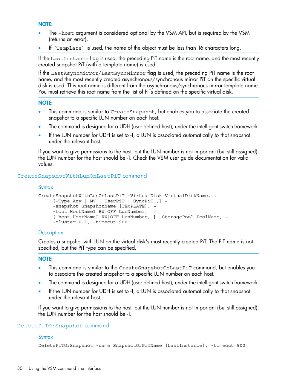 Createsnapshotwithlunonlastpit command, Deletepitorsnapshot command | HP SAN Virtualization Services Platform User Manual | Page 30 / 79