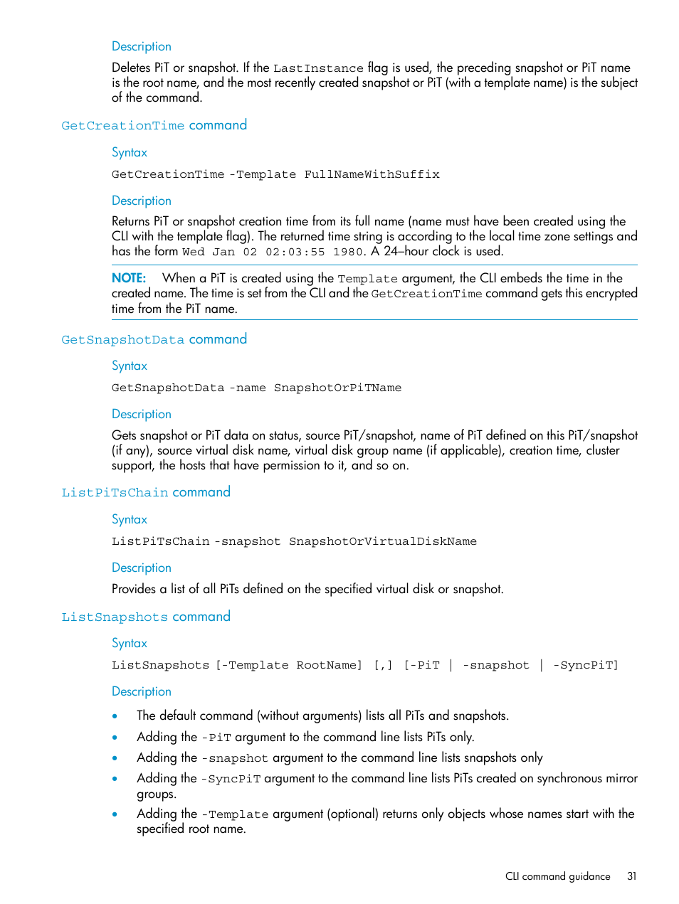 Getcreationtime command, Getsnapshotdata command, Listpitschain command | Listsnapshots command | HP SAN Virtualization Services Platform User Manual | Page 31 / 79