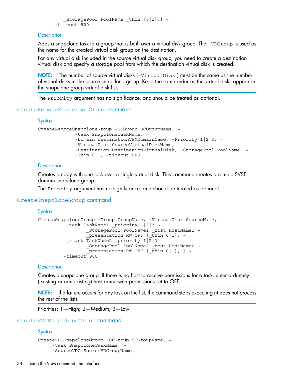 Createremotesnapclonegroup command, Createsnapclonegroup command, Createvdgsnapclonegroup command | HP SAN Virtualization Services Platform User Manual | Page 34 / 79