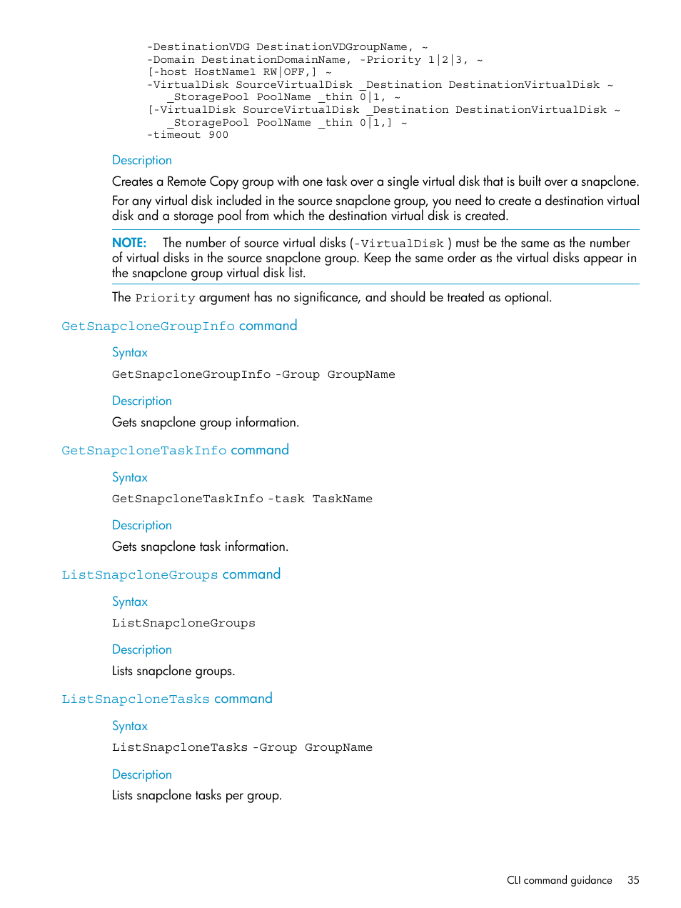 Getsnapclonegroupinfo command, Getsnapclonetaskinfo command, Listsnapclonegroups command | Listsnapclonetasks command | HP SAN Virtualization Services Platform User Manual | Page 35 / 79