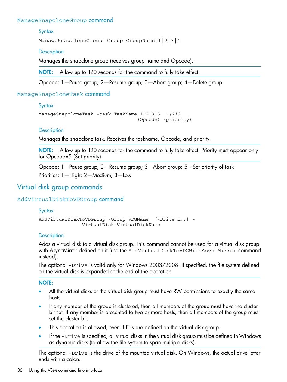 Managesnapclonegroup command, Managesnapclonetask command, Virtual disk group commands | Addvirtualdisktovdgroup command | HP SAN Virtualization Services Platform User Manual | Page 36 / 79