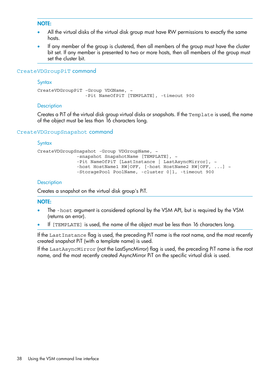 Createvdgrouppit command, Createvdgroupsnapshot command | HP SAN Virtualization Services Platform User Manual | Page 38 / 79