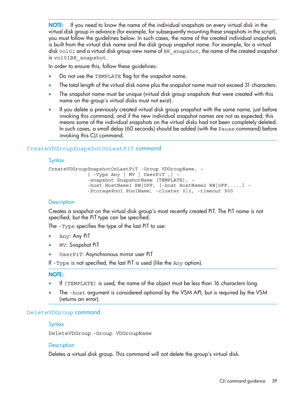 Createvdgroupsnapshotonlastpit command, Deletevdgroup command | HP SAN Virtualization Services Platform User Manual | Page 39 / 79