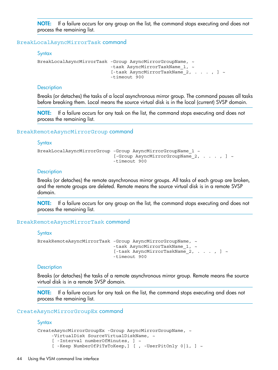 Breaklocalasyncmirrortask command, Breakremoteasyncmirrorgroup command, Breakremoteasyncmirrortask command | Createasyncmirrorgroupex command | HP SAN Virtualization Services Platform User Manual | Page 44 / 79