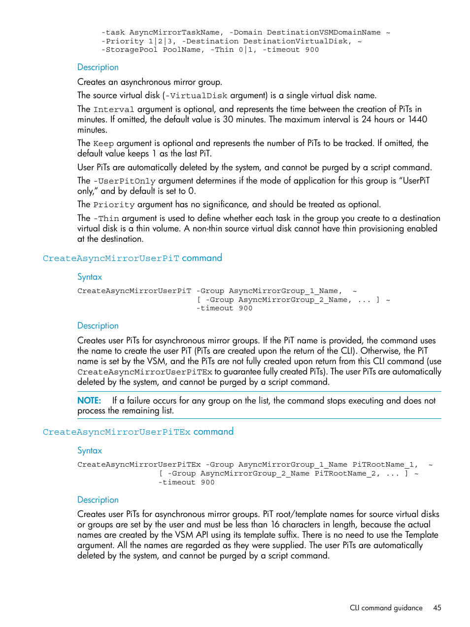 Createasyncmirroruserpit command, Createasyncmirroruserpitex command | HP SAN Virtualization Services Platform User Manual | Page 45 / 79