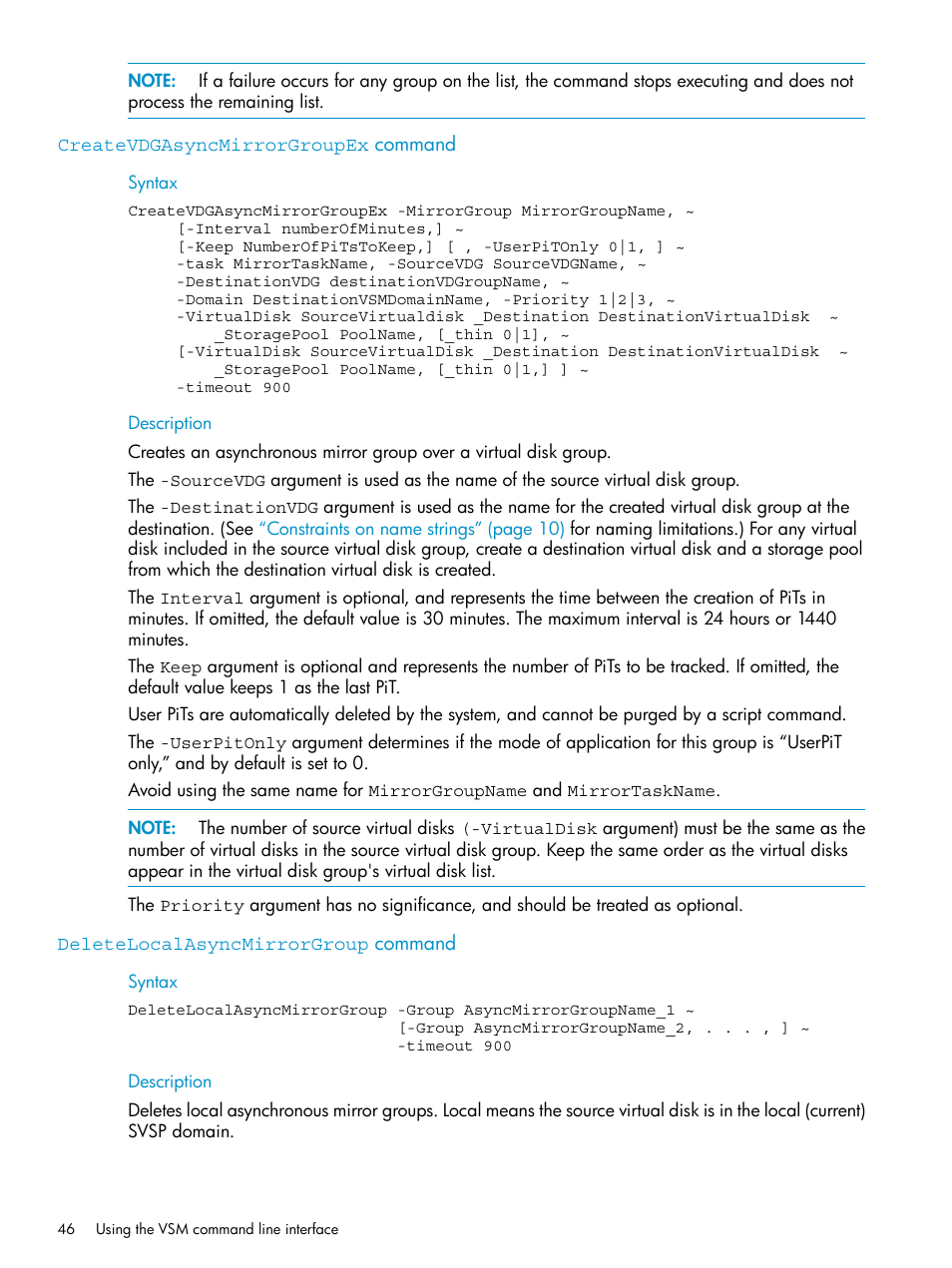 Createvdgasyncmirrorgroupex command, Deletelocalasyncmirrorgroup command | HP SAN Virtualization Services Platform User Manual | Page 46 / 79