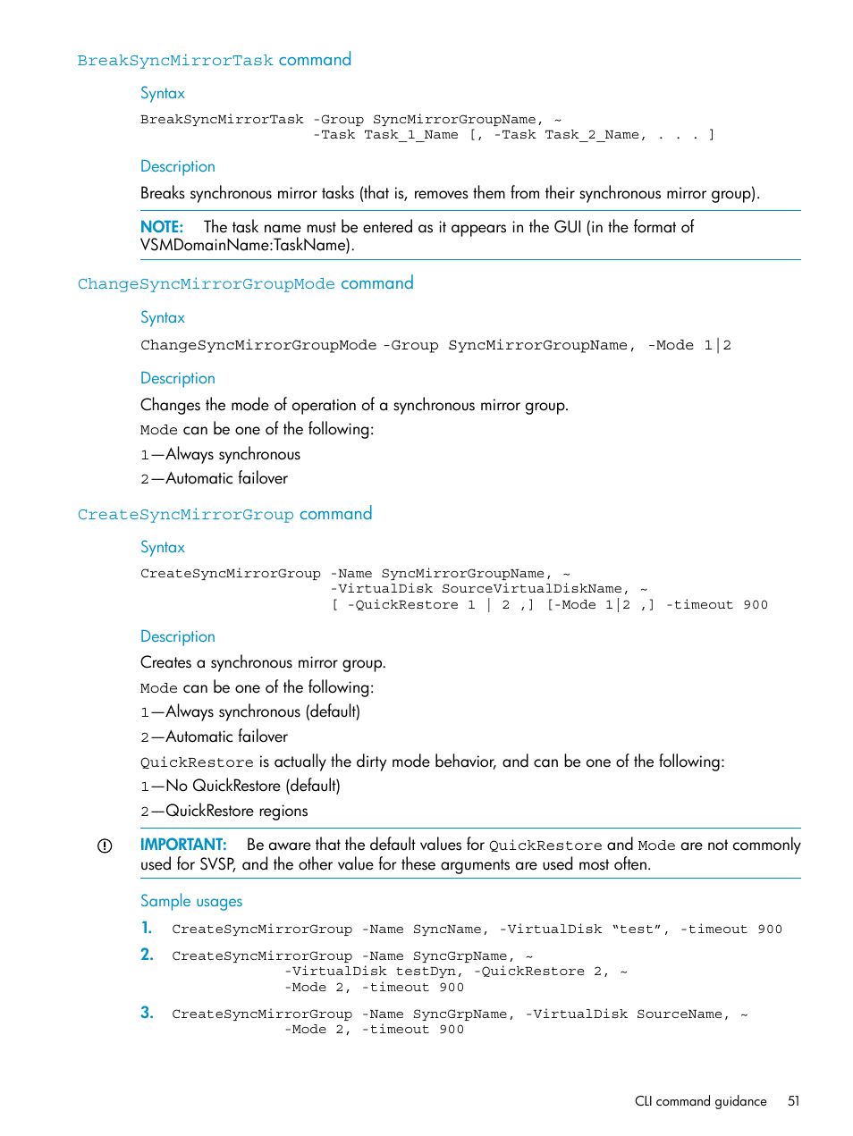 Breaksyncmirrortask command, Changesyncmirrorgroupmode command, Createsyncmirrorgroup command | HP SAN Virtualization Services Platform User Manual | Page 51 / 79