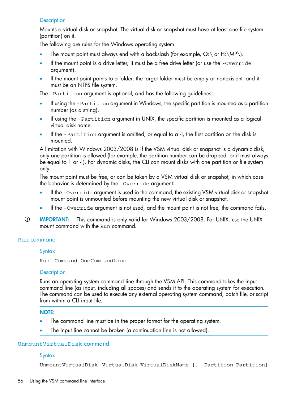 Run command, Unmountvirtualdisk command, Run command unmountvirtualdisk command | HP SAN Virtualization Services Platform User Manual | Page 56 / 79