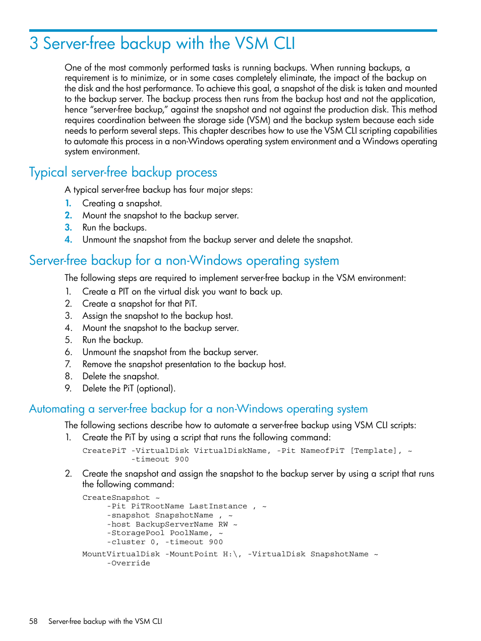 3 server-free backup with the vsm cli, Typical server-free backup process | HP SAN Virtualization Services Platform User Manual | Page 58 / 79