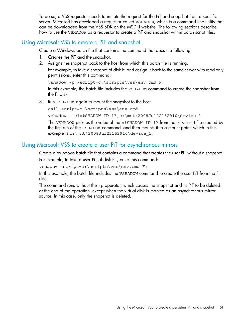 Using microsoft vss to create a pit and snapshot | HP SAN Virtualization Services Platform User Manual | Page 61 / 79