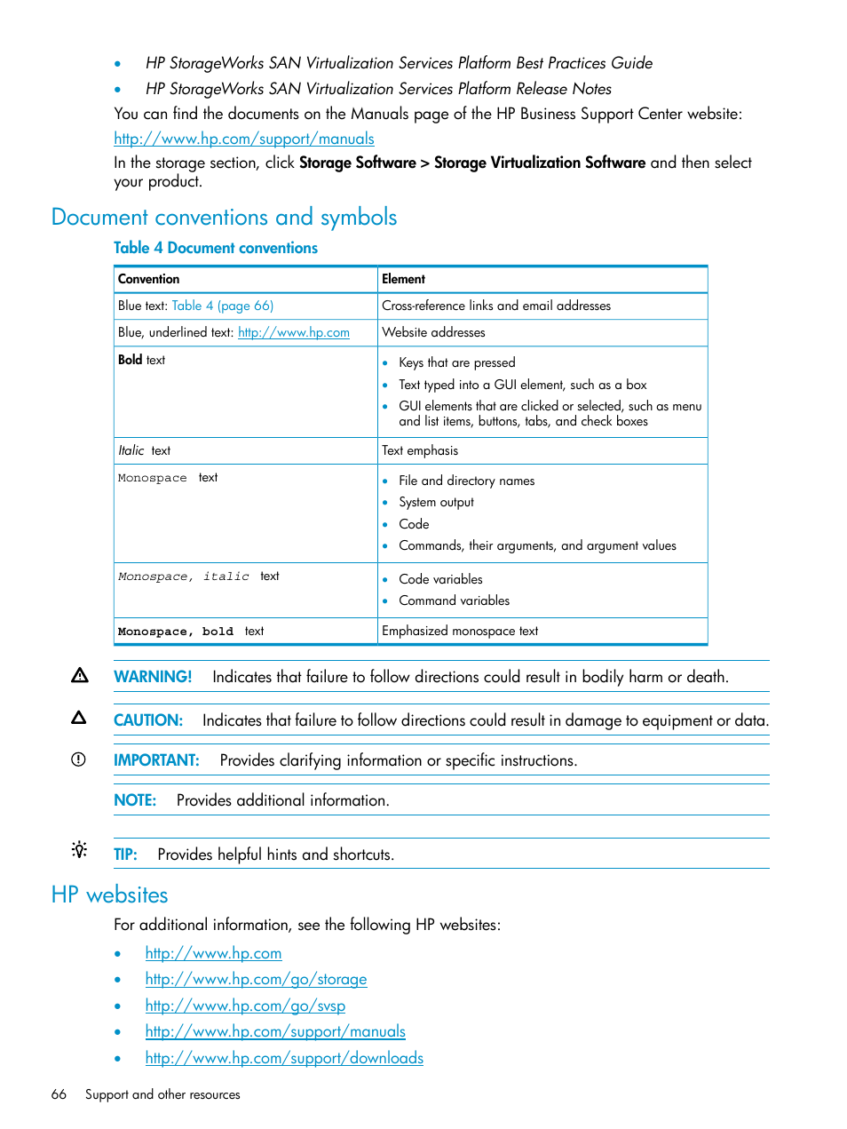 Document conventions and symbols, Hp websites, Document conventions and symbols hp websites | HP SAN Virtualization Services Platform User Manual | Page 66 / 79
