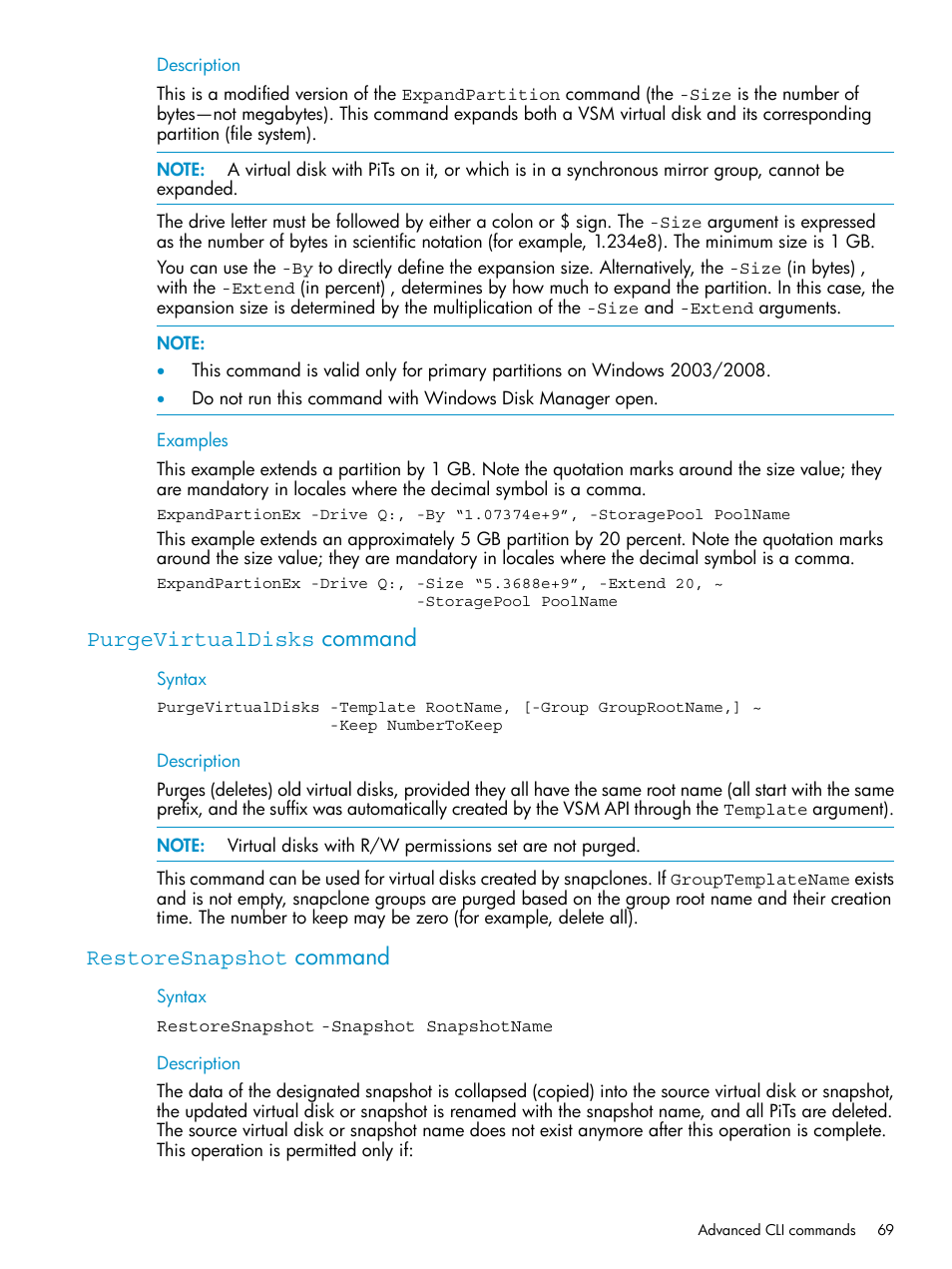 Purgevirtualdisks command, Restoresnapshot command, Purgevirtualdisks command restoresnapshot command | HP SAN Virtualization Services Platform User Manual | Page 69 / 79