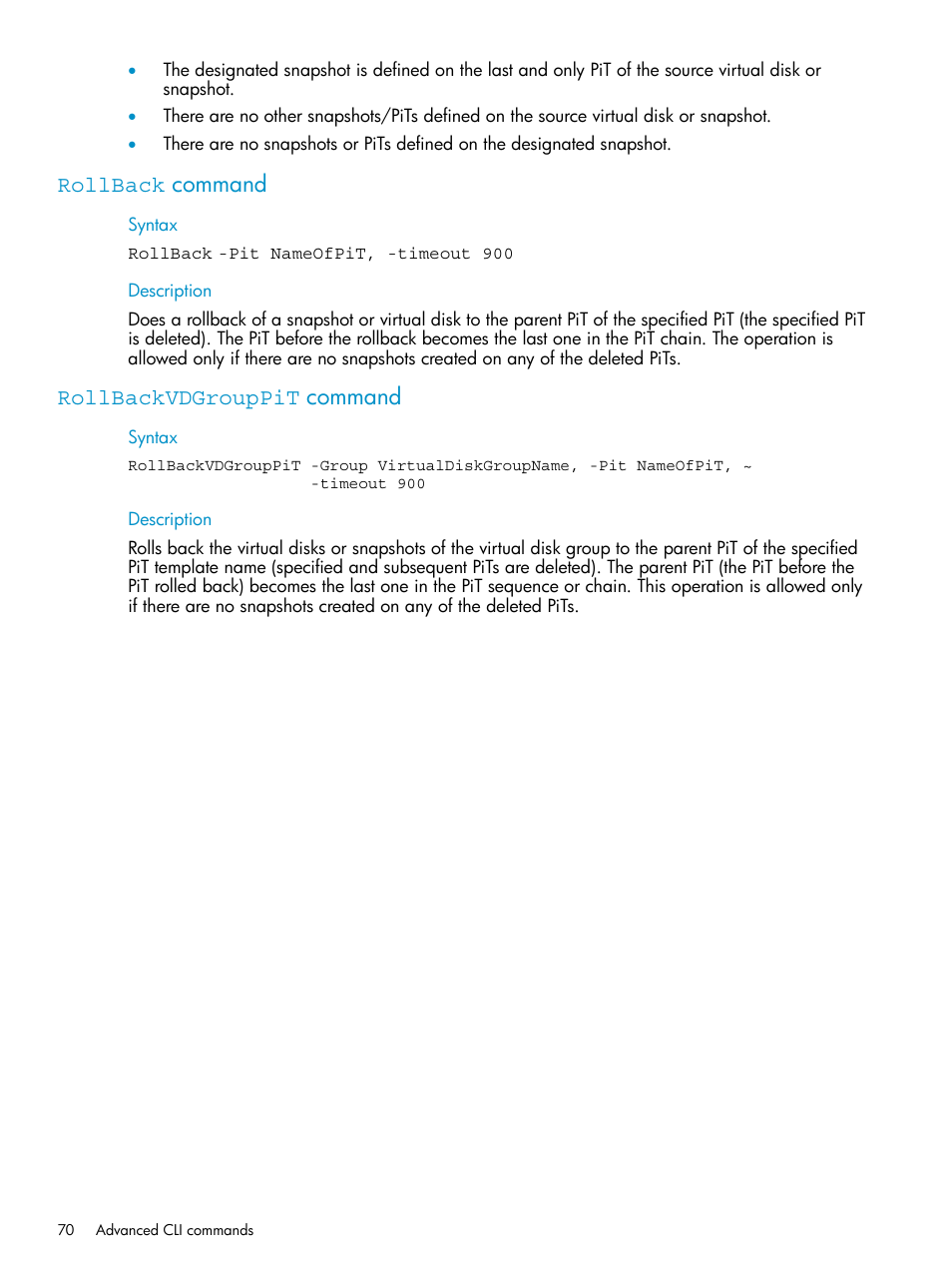 Rollback command, Rollbackvdgrouppit command, Rollback command rollbackvdgrouppit command | HP SAN Virtualization Services Platform User Manual | Page 70 / 79