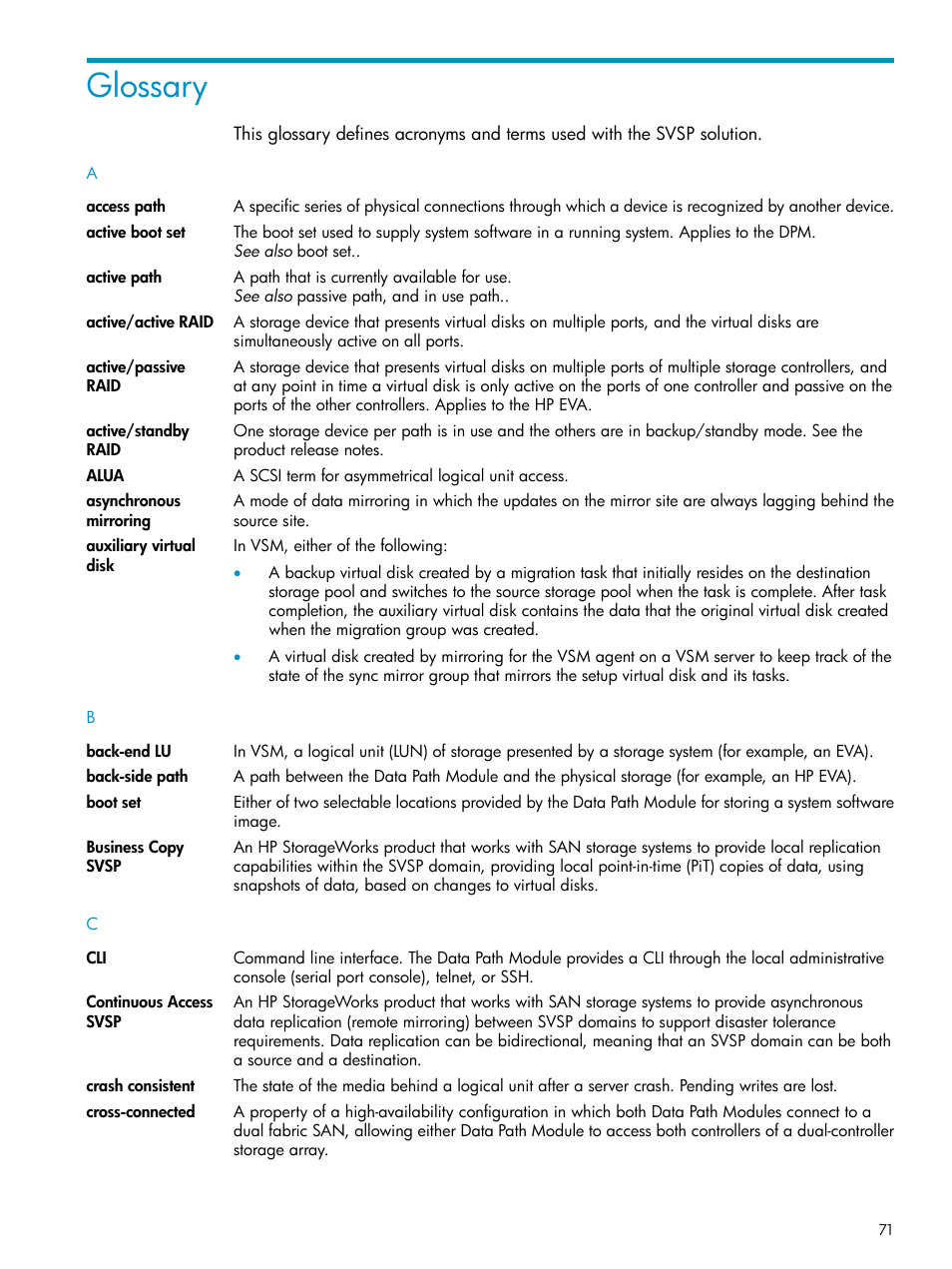 Glossary | HP SAN Virtualization Services Platform User Manual | Page 71 / 79