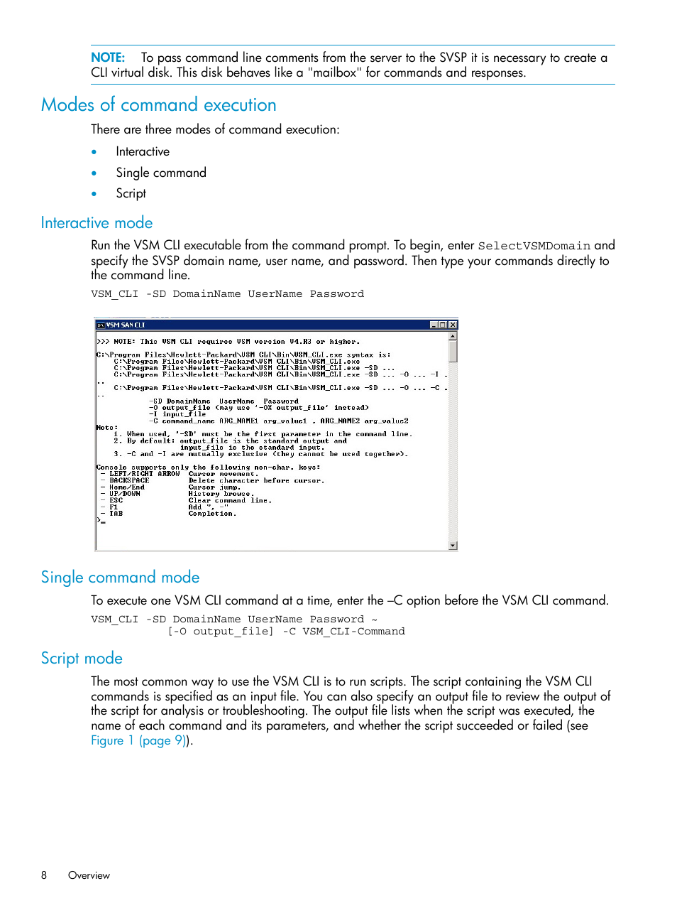 Modes of command execution, Interactive mode, Single command mode | Script mode, Interactive mode single command mode script mode | HP SAN Virtualization Services Platform User Manual | Page 8 / 79