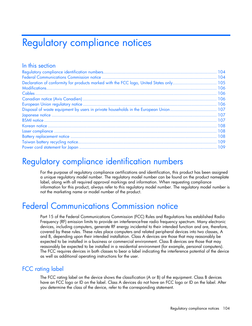 Regulatory compliance notices, Regulatory compliance identification numbers, Federal communications commission notice | Fcc rating label | HP ProLiant ML570 G4 Server User Manual | Page 104 / 125