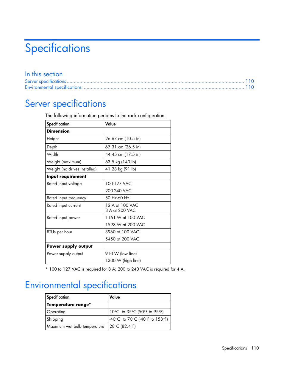 Specifications, Server specifications, Environmental specifications | HP ProLiant ML570 G4 Server User Manual | Page 110 / 125