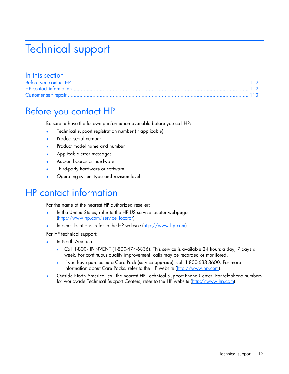 Technical support, Before you contact hp, Hp contact information | HP ProLiant ML570 G4 Server User Manual | Page 112 / 125