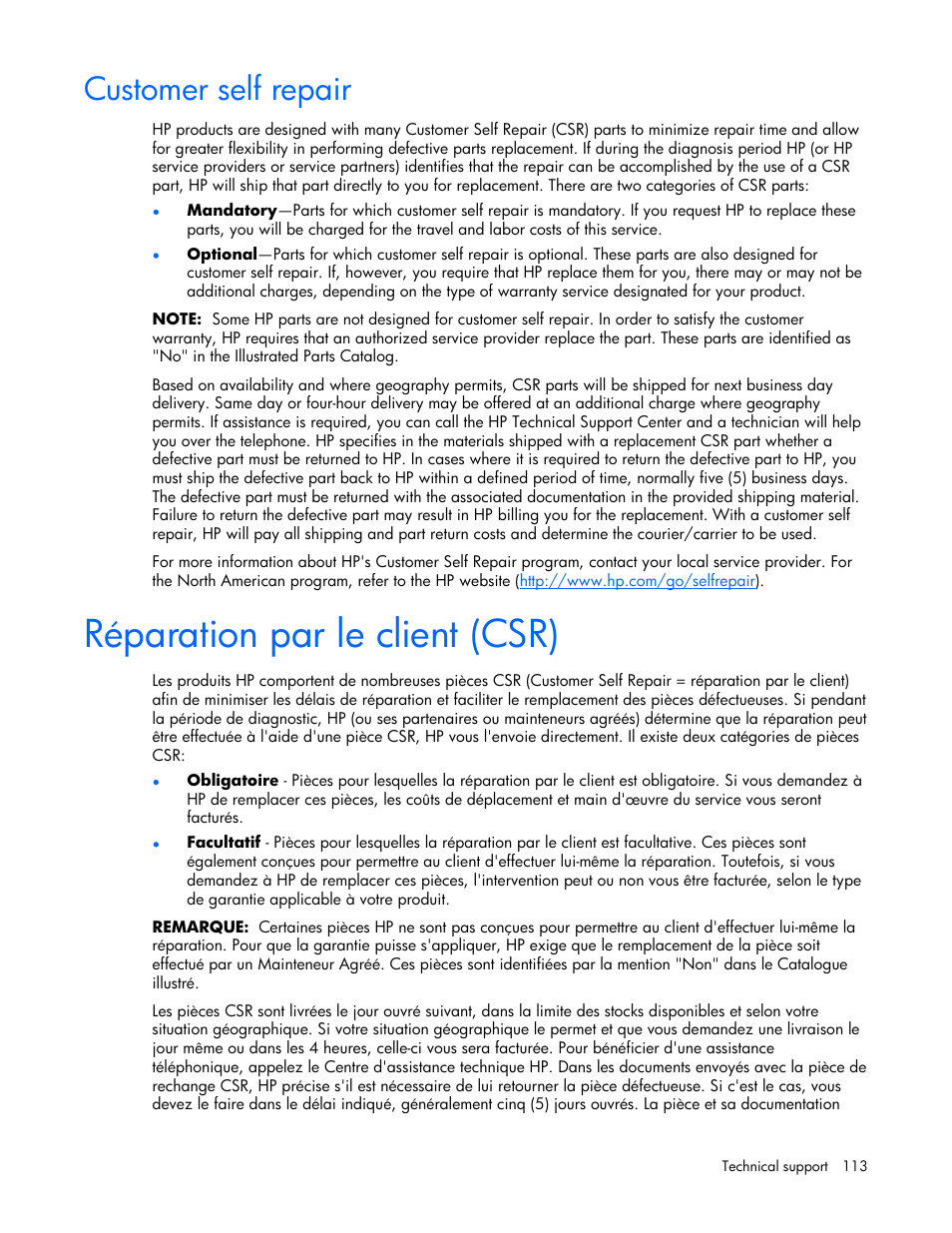 Customer self repair, Réparation par le client (csr) | HP ProLiant ML570 G4 Server User Manual | Page 113 / 125