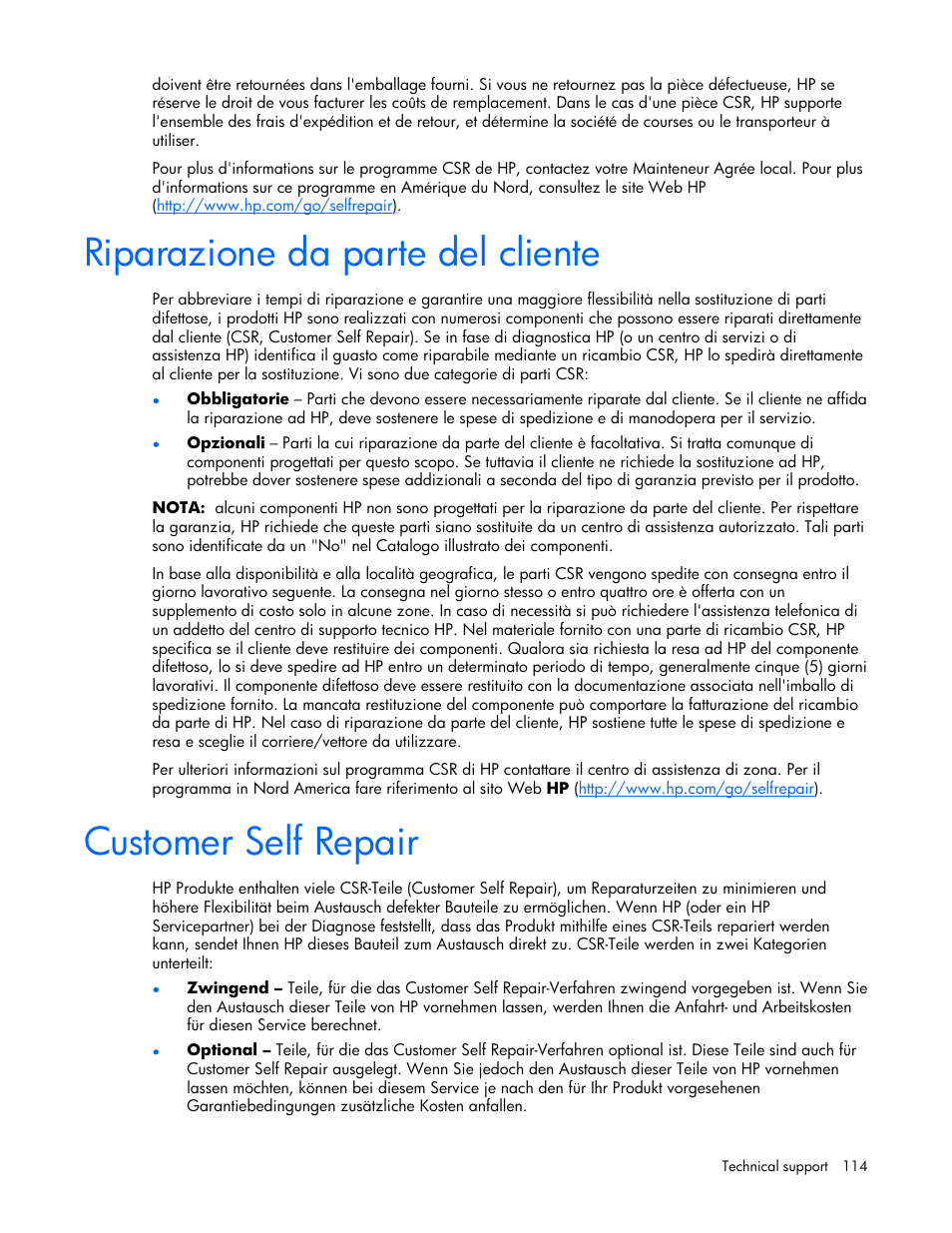 Riparazione da parte del cliente, Customer self repair | HP ProLiant ML570 G4 Server User Manual | Page 114 / 125