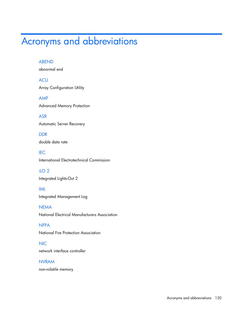 Acronyms and abbreviations | HP ProLiant ML570 G4 Server User Manual | Page 120 / 125