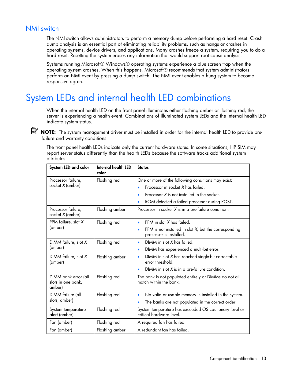 Nmi switch, System leds and internal health led combinations | HP ProLiant ML570 G4 Server User Manual | Page 13 / 125
