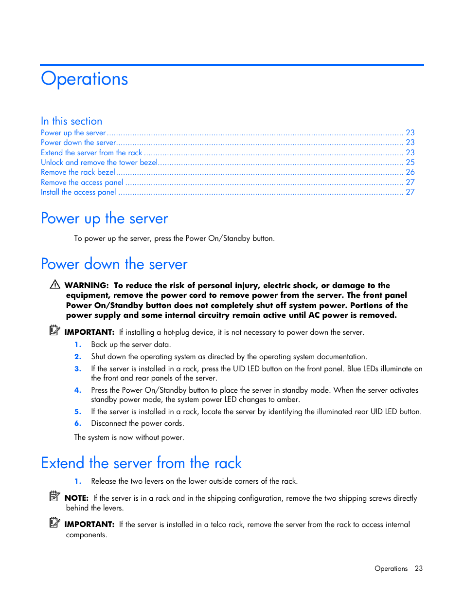 Operations, Power up the server, Power down the server | Extend the server from the rack | HP ProLiant ML570 G4 Server User Manual | Page 23 / 125