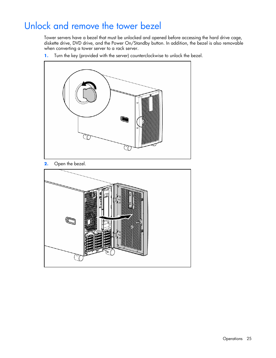 Unlock and remove the tower bezel | HP ProLiant ML570 G4 Server User Manual | Page 25 / 125