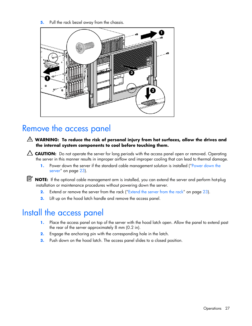 Remove the access panel, Install the access panel, 27 install the access panel | HP ProLiant ML570 G4 Server User Manual | Page 27 / 125