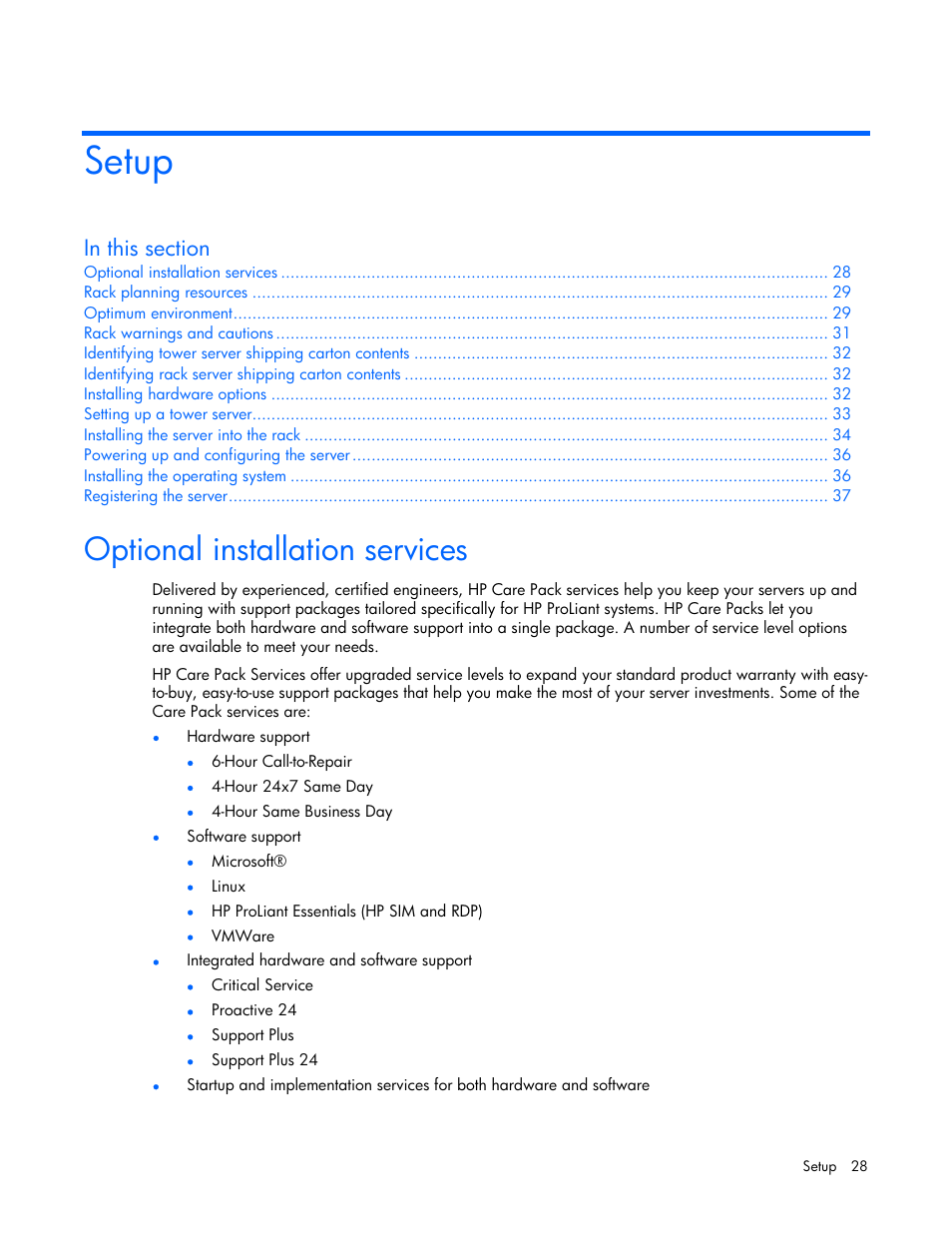 Setup, Optional installation services | HP ProLiant ML570 G4 Server User Manual | Page 28 / 125