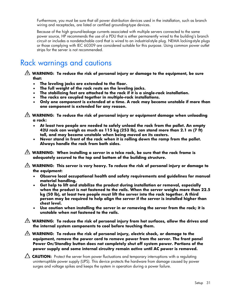 Rack warnings and cautions | HP ProLiant ML570 G4 Server User Manual | Page 31 / 125