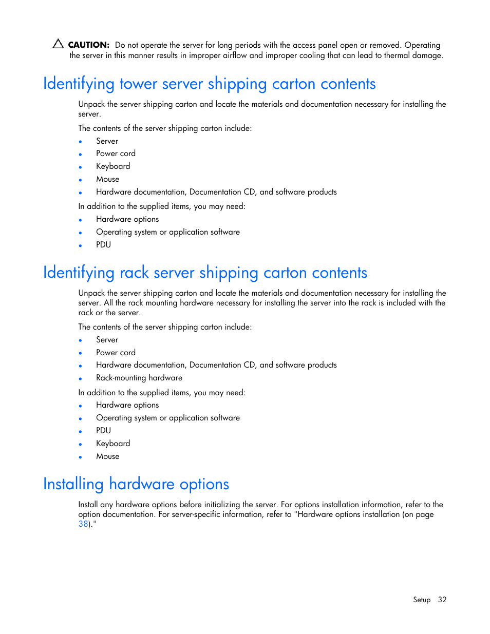 Identifying tower server shipping carton contents, Identifying rack server shipping carton contents, Installing hardware options | 32 installing hardware options | HP ProLiant ML570 G4 Server User Manual | Page 32 / 125