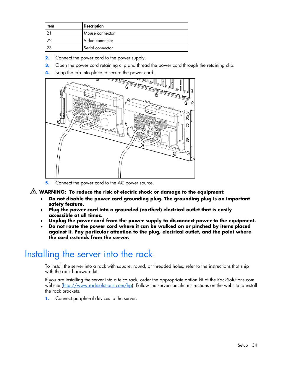 Installing the server into the rack, On p | HP ProLiant ML570 G4 Server User Manual | Page 34 / 125
