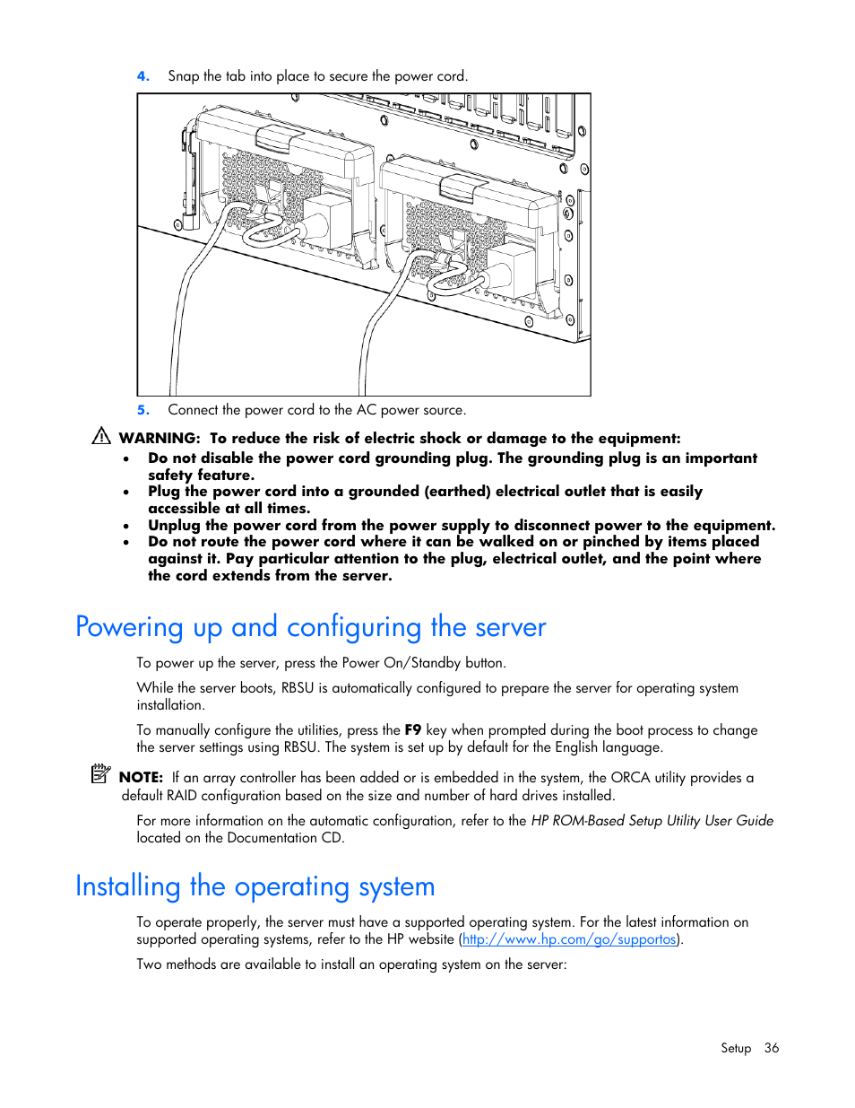 Powering up and configuring the server, Installing the operating system, 36 installing the operating system | HP ProLiant ML570 G4 Server User Manual | Page 36 / 125