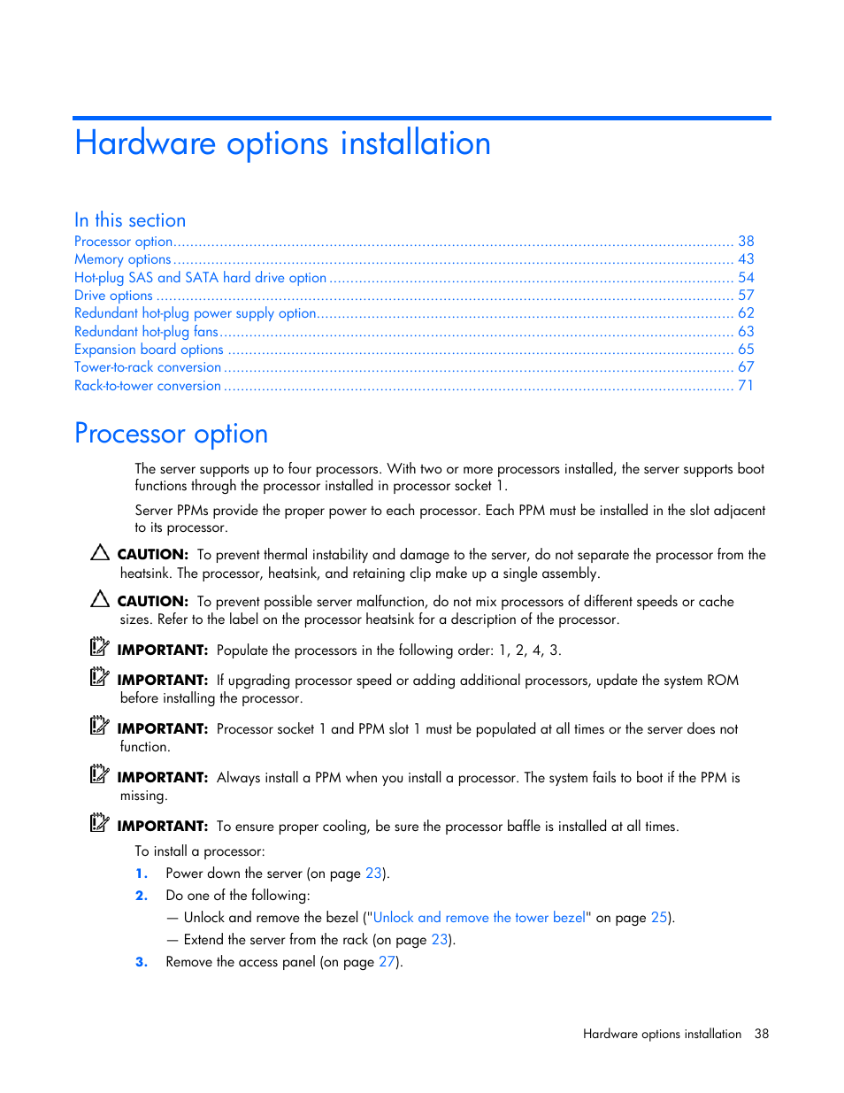 Hardware options installation, Processor option | HP ProLiant ML570 G4 Server User Manual | Page 38 / 125