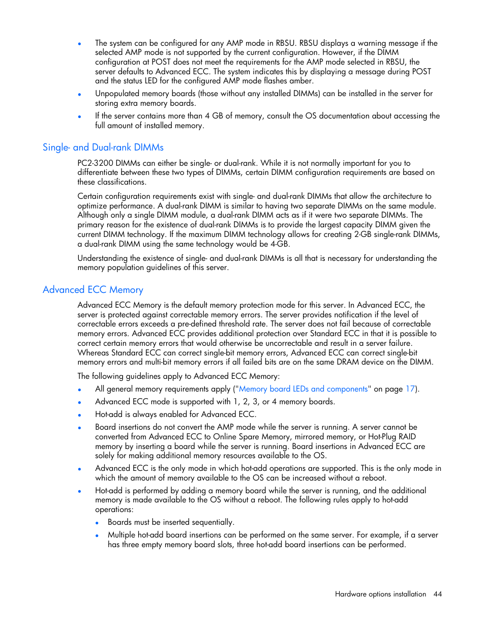 Single- and dual-rank dimms, Advanced ecc memory, Dual-rank dimms | Must be popu | HP ProLiant ML570 G4 Server User Manual | Page 44 / 125