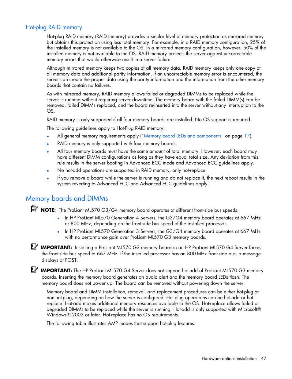 Hot-plug raid memory, Memory boards and dimms | HP ProLiant ML570 G4 Server User Manual | Page 47 / 125