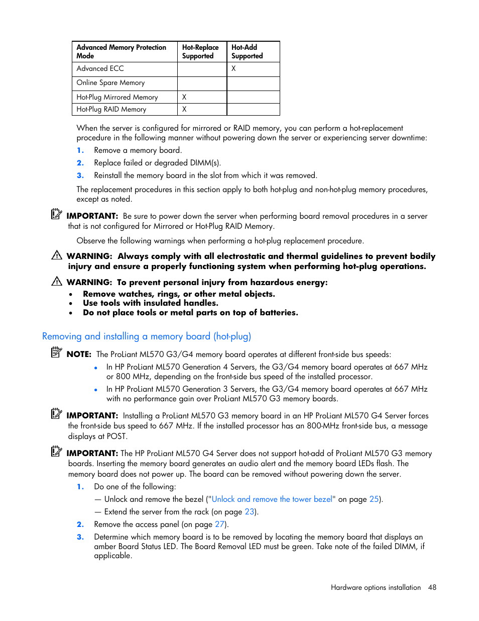 Removing and installing a memory board (hot-plug) | HP ProLiant ML570 G4 Server User Manual | Page 48 / 125