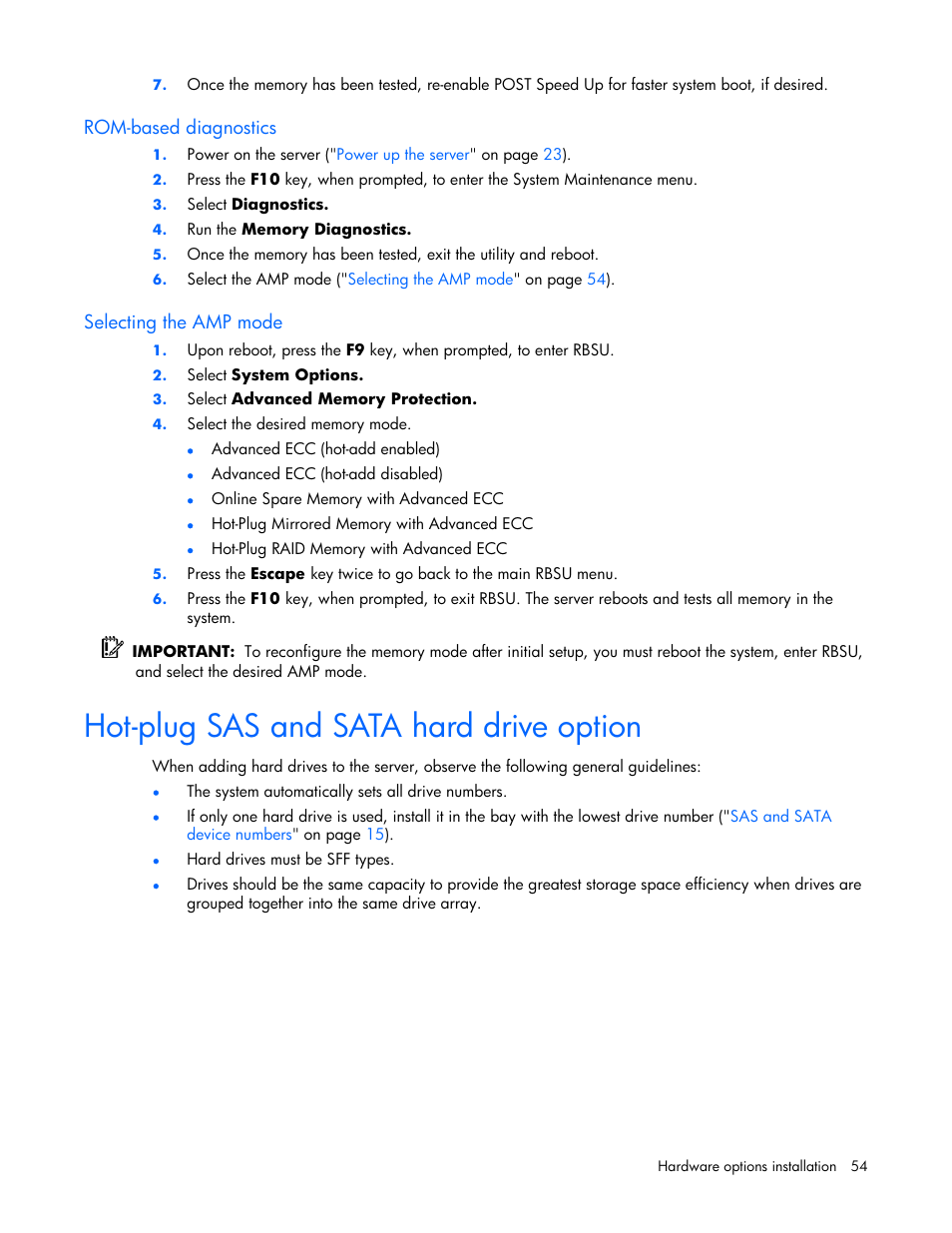 Rom-based diagnostics, Selecting the amp mode, Hot-plug sas and sata hard drive option | HP ProLiant ML570 G4 Server User Manual | Page 54 / 125