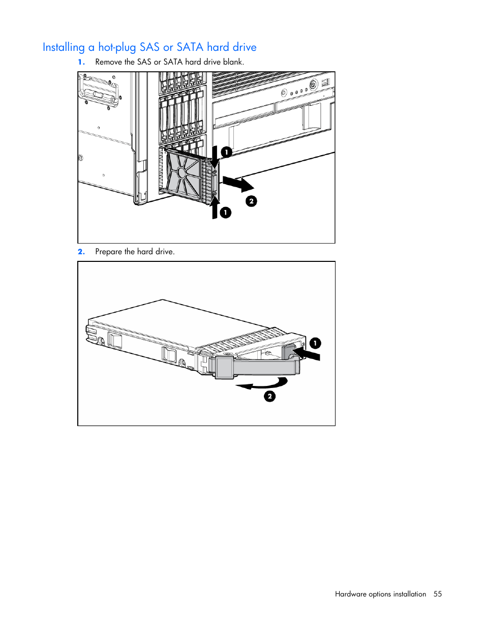 Installing a hot-plug sas or sata hard drive | HP ProLiant ML570 G4 Server User Manual | Page 55 / 125