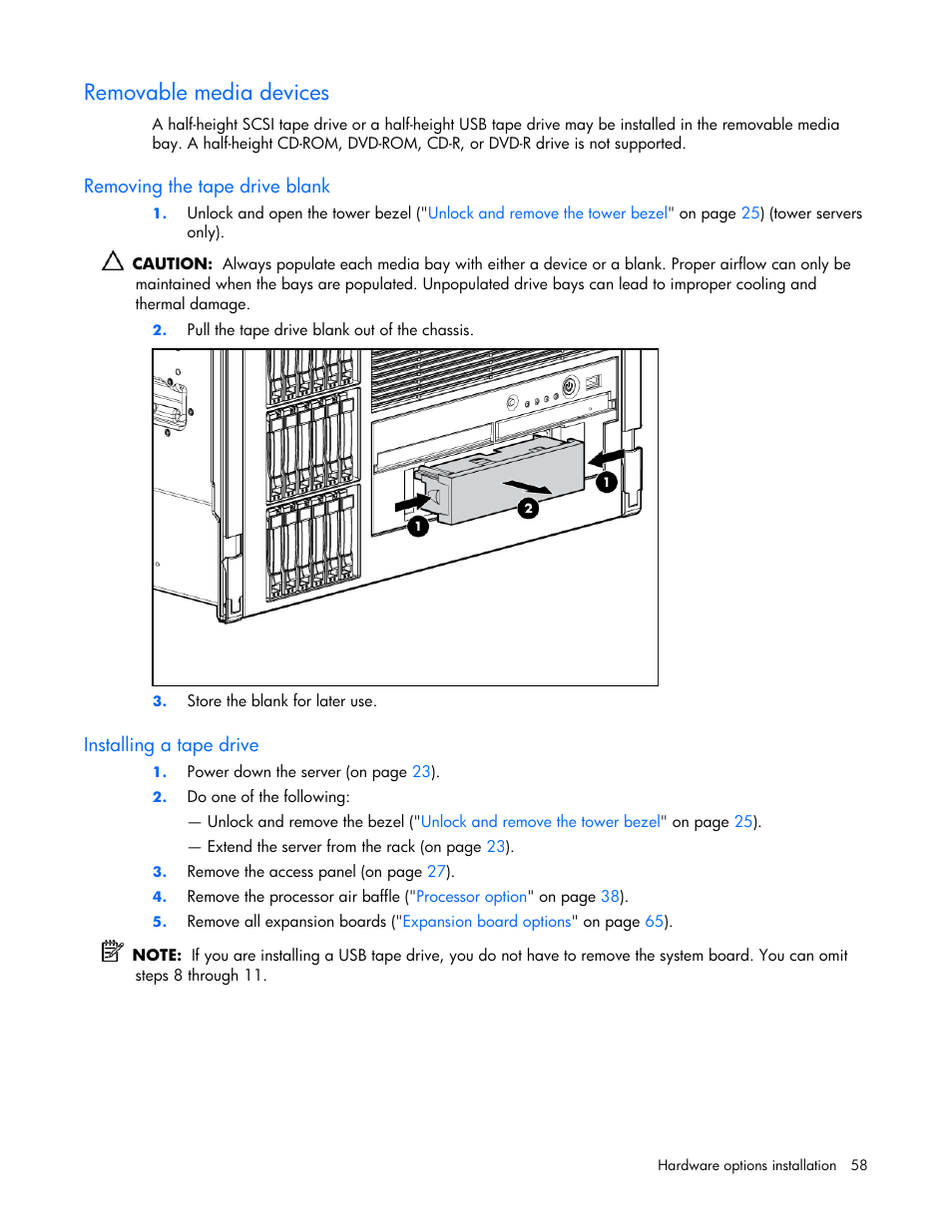 Removable media devices, Removing the tape drive blank, Installing a tape drive | HP ProLiant ML570 G4 Server User Manual | Page 58 / 125