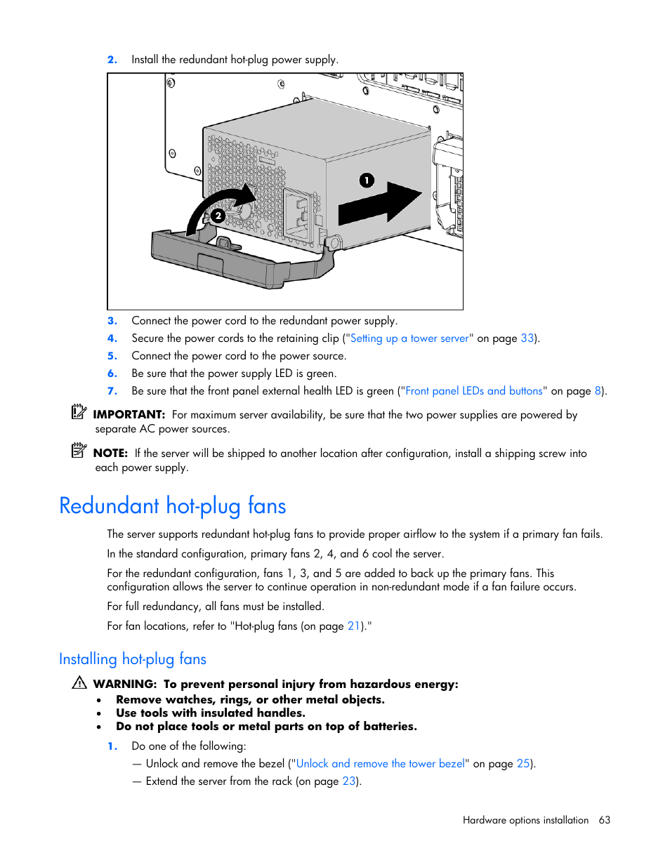 Redundant hot-plug fans, Installing hot-plug fans | HP ProLiant ML570 G4 Server User Manual | Page 63 / 125